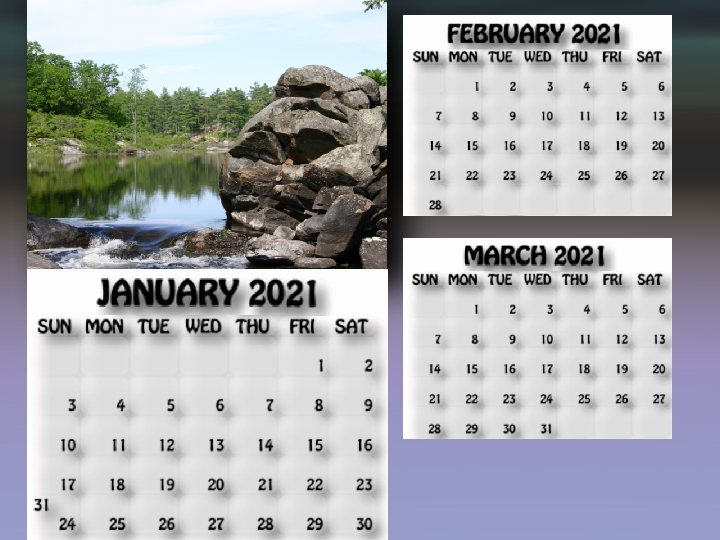 January, February, March 2021 calendar